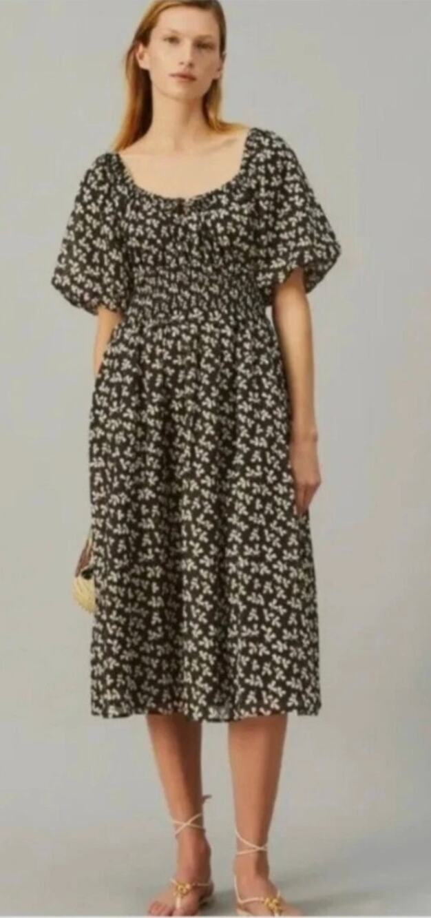 Tory Burch Smocked Midi Dress in Black Little Leaves Size Large